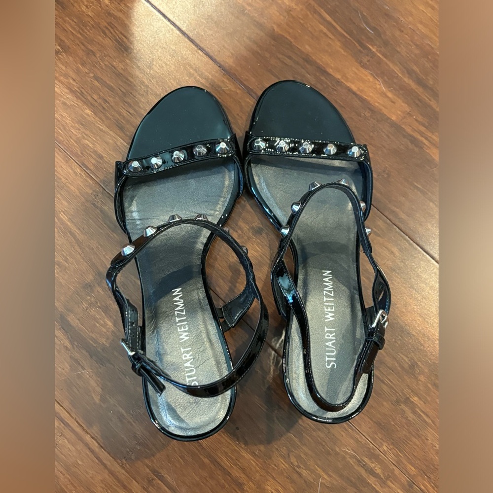 Stuart Weitzman Patent Leather Studded Slingback Wedge Sandal - Size 10